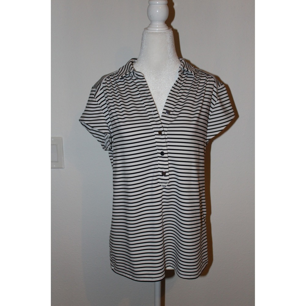 Chico's Women's Black White Striped Polo Knit Top Short Sleeve Size 1 M